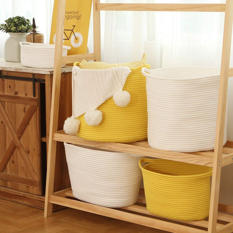 Sea Team Medium Size Cotton Rope Woven Storage Basket with Handles, Laundry Hamper, Trunk Organizer, Clothes Toys Bin for Kid's Room, 14 x 14 inches, Round Open Design, Yellow - Image 3